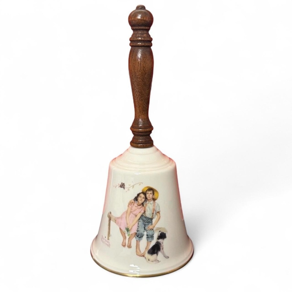 Gorham Norman Rockwell Sweet Serenade Bell 1981 Porcelain Wood Handle 8.5" Dog